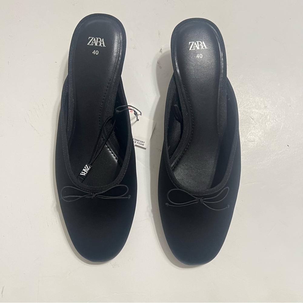 Zara Black Satin Kitten Heel Mules with Bow - Picture 9 of 13